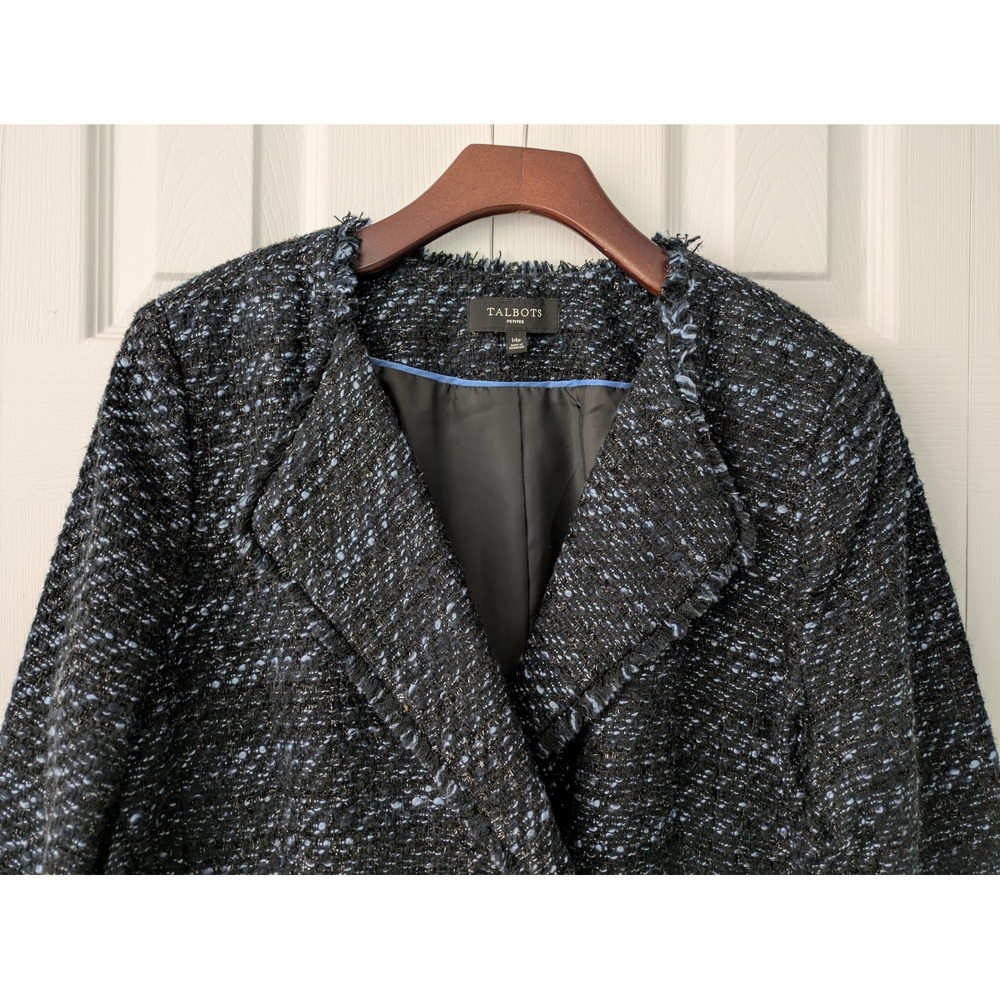 Talbots Petites Blazer Jacket Fringe Trim Sz 14P Black Blue Metallic Pockets - Picture 2 of 8